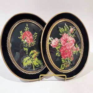 Petit Point Needlepoint Roses Oval Wood Frames w/ Velvet Brass trim 7.5" x 9"
